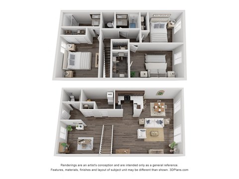 a stylized 3d floor plan of a 1 bedroom apartment